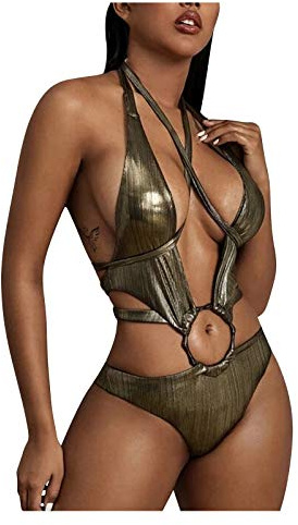 JiJiRuDU Damen Badeanzug Neckholder Metallic Cut Out Monokini Rückenfrei Schnürung Schwimmanzug Strandmode Sexy Ring Zierausschnitten Thong Einteilige Bademode Swimsuit(Armeegrün, L)