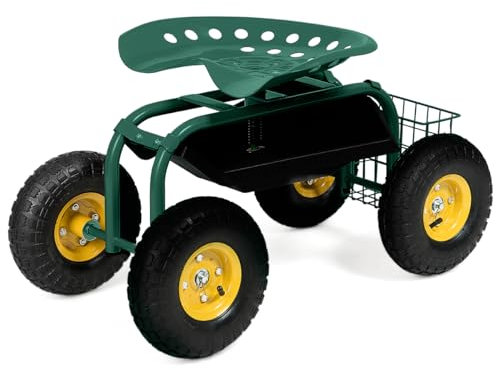 COSTWAY Rolling Garden Cart, Height Adjustable Swivel Gardening Stool Trolley with Tool Tray and Basket, Gardener Planting Workseat Scooter for Patio Lawn Yard, 150kg Weight Capacity (Green)