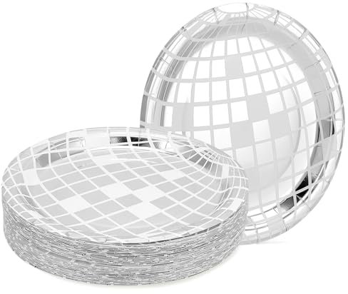 QWORK Silver Disco Ball Themed Party Plates - 7 Water-Resistant Paper Dinner Plates, 70s Disco Party Supplies Bachelorette Plates for Weddings, Birthdays, Bachelorette Parties, Pack of 50