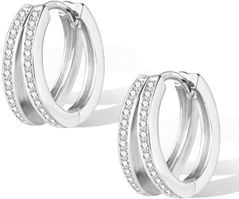 Silber 925 Creolen Ohrringe Damen, ALEXCRAFT Silber 925 Ohrringe Doppel Creolen Kleine, Glitze Silber Creolen mit Stein Strass Zirkon Ohrringe Silber Knorpel Huggie Kreolen Doppel Creolen Kleine