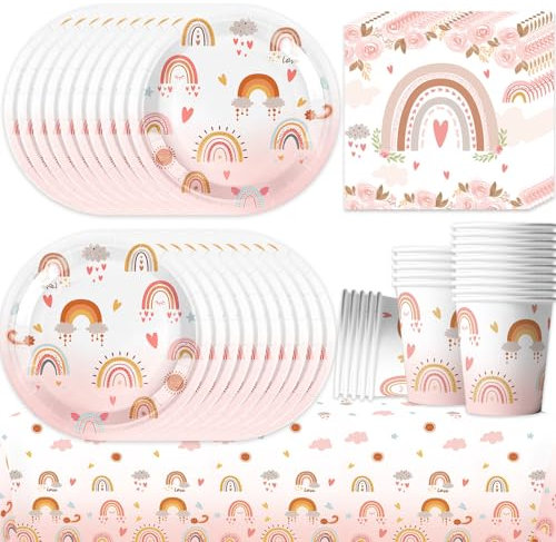 61Pcs Rainbow Party Tableware Set, Bohemian Birthday Party Decorations, Rainbow Bohemian Tableware, Includes Paper Plates, Cups, Napkins, Tablecloth (20 Guests)