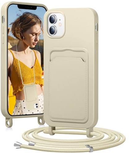 BENTIACC Handykette Silikon Hülle für iPhone 12/12 pro mit Band, Handyhülle mit Kartenfach, Abnehmbar Kordel Kette, Stoßfeste Schutzhülle für iPhone 12/12 pro (Beige)
