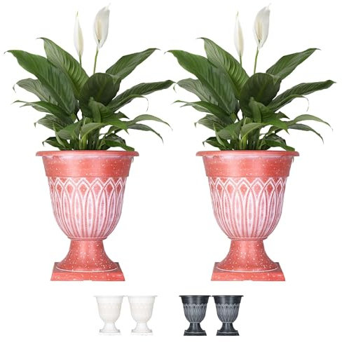 SG Traders Large Urn Plant Pot Stand, Flower Pots Outdoor Garden Planters, Indoor Plant Pot, Tall Planter with Drainage Holes, Strong Plastic Patio Home Plants (Pack of 2)