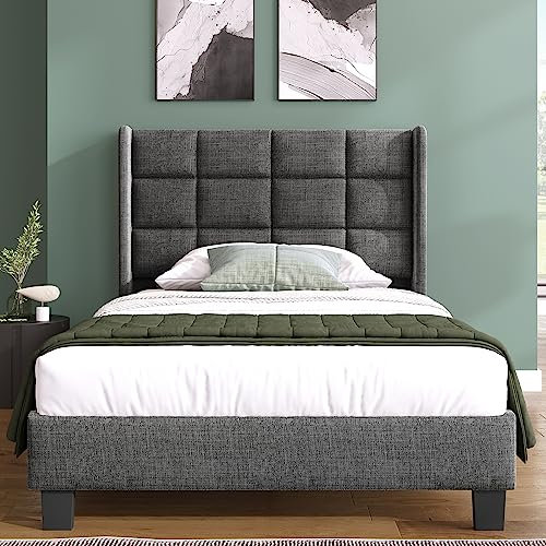 BLUON HOME Modernes Design Polsterbett Mit seinem gepolstertes Kopfteil Einzelbett mit Lattenrost, 90x200cm,in Grau Leinen, mittelfest (Ohne Matratze)