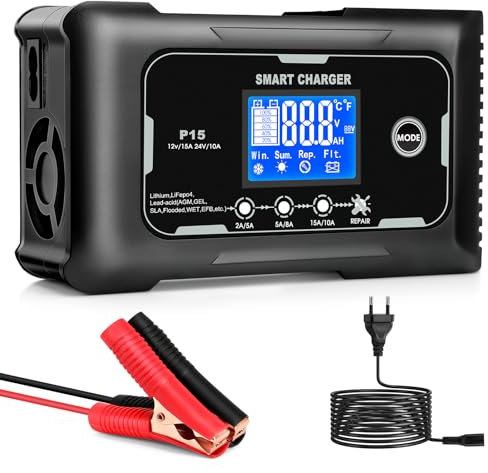 Chargeur de Batterie pour véhicule Automobile 15A, 12V/15A, 24V/10A, adapté aux Voitures, Motos, tondeuses à Gazon et Bateaux avec des Batteries au Lithium, Lifepo4, Plomb-Acide