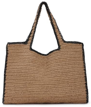 Fecialy Damen Große Stroh Tote Handtasche Hand Gewebte Sommer Strand Umhängetasche Chic Casual Reise Urlaub Taschen