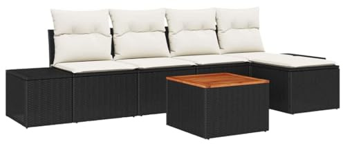 vidaXL 6-teiliges Gartensofa Set mit Kissen Schwarz Poly Rattan Akazie