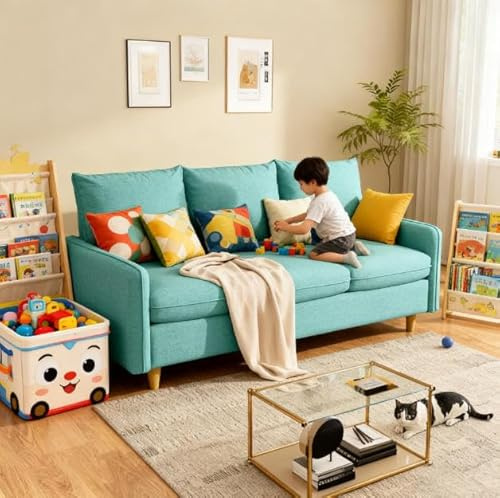 Meeyar 3-Sitzer Sofa, 221 cm Kleines Sofa mit Massivholzbeinen und Seitentaschen, Abnehmbare Bezüge, Kurzplüschstoff Sofa für Wohnzimmer, Schlafzimmer, Büro, Wohnung,Blau