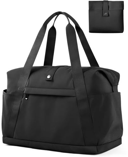 Wood Homing Faltbare Reisetasche – Große Wochenendtasche Handgepäck Tasche für Damen Herren, Leichte Wasserdichte Sporttasche mit Fach für Kleidung,Tragbare Gym Tasche für Reise Arbeit Hotel (Schwarz)