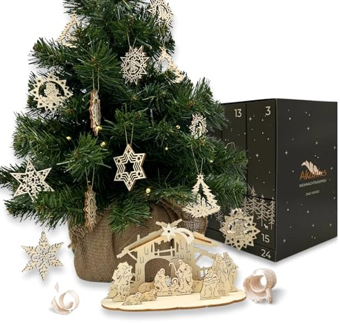 Akantus Adventskalender – mit geschnitzter Steckkrippe & Holz-Weihnachtsschmuck – liebevoll gefertigt aus Bergahorn in Südtirol – Traditioneller Adventskalender mit Weihnachtsgeschichte