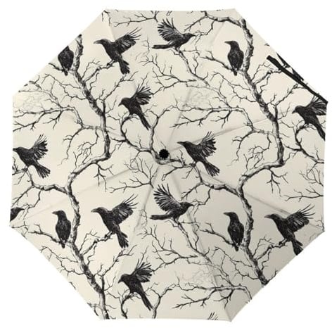 Tree Crows Branches Travel 3 Fold Automatic Umbrellas Compact Manual Umbrella for Rain Sun