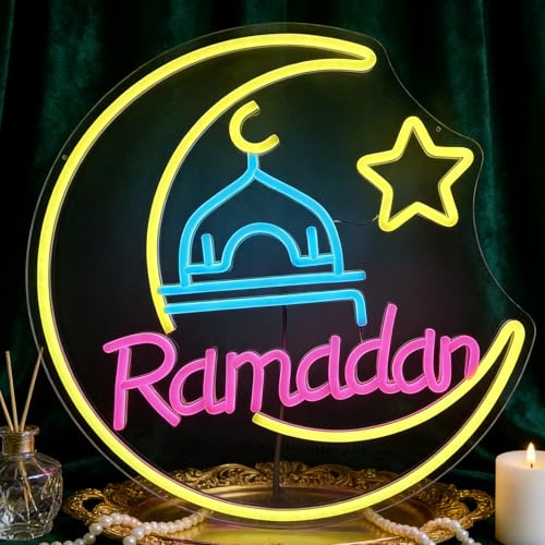 RumonZS 38 cm Hängende Kunst Leuchtreklamen Ramadan Mond Neon Zeichen für Wand Dekor Ramadan Licht Fenster Dekor Lichter Spielzimmer Schlafzimmer Home Bar Wohnzimmer Geschäft Club Wanddekoration