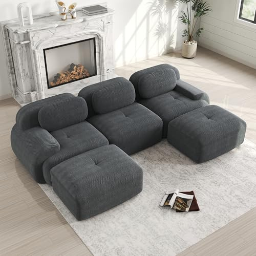 Luscriate Boneless Sofa U-Form Schlafsofa Modular – Niedriges Cloud Couch ohne Montage, Cloud Polstersofa aus Cord, weiche Couch mit Ottoman, Grau 3-Sitzer+2 (Grey, H-3S+2)