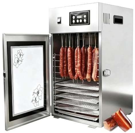 Essiccatore per Carne Professionale 800W, Disidratatore a Rotazione 360° da 7,5kg in Acciaio Inox, Controllo Temperatura 30-90°C, Timer 24H, 14 Ganci per Salumi, Bresaola, Pollo, Pesce, Verdure