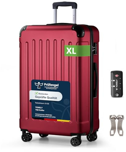 YONSLY Suitcase, TSA-Schloss YKK-Reißverschluss Reisekoffer, Hartschalenkoffer, Gepäck Trolley, 4 Rollen Rollkoffer Handgepäck (Rot, XL)