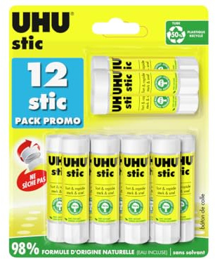 UHU Stic - Bâton de Colle Sans Solvants - Colle Enfant, Loisirs Créatifs, Bureau, Maison, École - Blanche - Fournitures de Bureau - Lot de 12 Stics de 8,2 g