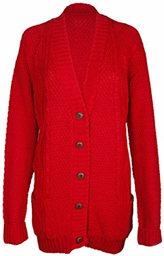 New Womens Everyday Long Sleeve Button Top Ladies Chunky Aran Cable Knit Grandad Cardigan Red Size 16