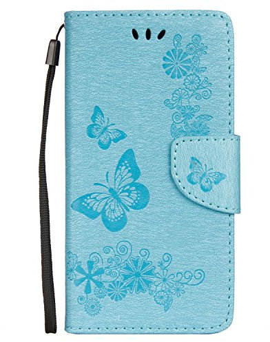 LEMORRY Handyhülle für Wiko Jerry Hülle Tasche Ledertasche Flip Beutel Slim Schutz Magnetisch Schließung Stehening SchutzHülle Weich Silikon Cover Schale für Wiko Jerry, Butterfly Blau