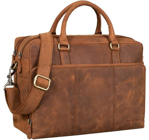 STILORD 'Isaac' Leder Businesstasche Vintage Umhängetasche 13,3 Zoll Laptoptasche Bürotasche Aktentasche Lehrertasche Ledertasche Damen Herren Echt Leder, Farbe:tan - dunkelbraun