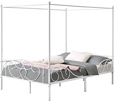 Lit à Baldaquin Design en Métal Solide Lit Double Stylé Lattes Métalliques Acier Laqué 140 x 200 cm Blanc Mat