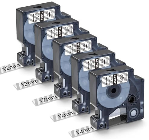 MarkField 12mm x 7m Schriftbänder kompatibel mit Dymo D1 45010 S0720500 Clear Etikettenband, Etiketten für LabelManager 160 210D 260P 360D, LW 400 450 Duo, Schwarz auf Transparent