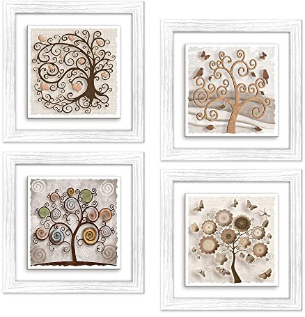 Lupia - Set 4 Quadri Albero della Vita su Ceramica Tree, Cornice Modern Shabby in Legno Bianca, Decorazione Moderna, Vivaci e Profondi, per Camera, Soggiorno, Ufficio, 18x18 cm o 29x29 cm 29x29 cm