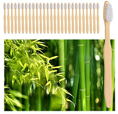 Relaxdays Bambus Zahnbürsten, 24er Set, Borsten mittel, vegan, nachhaltig, BPA-frei, Handzahnbürste beschichtet, weiß