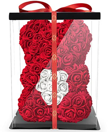 NADIR Rosen Bär Blumenbär mit Geschenkbox, Geburtstagsgeschenk für Frauen, Geschenk für Freundin zum Geburtstag Jahrestag, Rose Bear Teddybär, Geschenk Hochzeitstag (Rot, 25 cm)