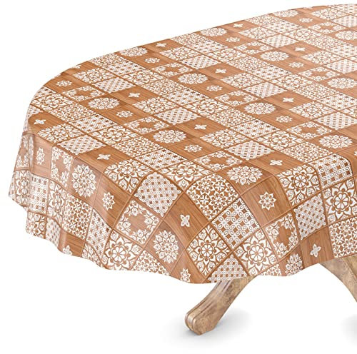 ANRO Tischdecke abwaschbar Wachstuch Wachstuchtischdecke Oval 140 x 220cm Schnittkante Karo Braun pflegeleicht Wachstischdecke wasserabweisend Gartentischdecke Meterware Lotuseffekt