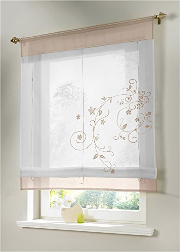 Devola Raffrollo Transparente Voile Raffgardinen Blumenmuster Stickerei Gardine mit Tunnelzug Rollo Moderne Gardine Dekoration Vorhänge BxH 100x140cm Sand 1er Pack