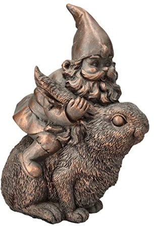 Pacific Giftware Gartenzwerg Figur reitet auf Hase | Bronzefarben Garten-Figur Deko Zwerg