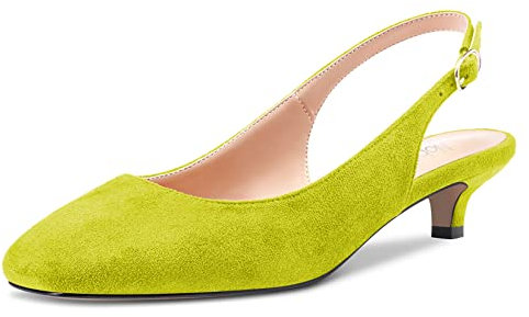 NobleOnly Aguja Bajos Gatito Heel Cerrado el Dedo del pie Punta Slip-on Pumps Slingback Cierre con Hebilla Dress Sandalias 3.5 CM Heels Zapatos Verde Lima 36 EU