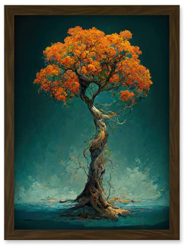 Doppelganger33 LTD Elegant Ancient Lone Autumn Fall Tree On Teal Artwork Framed Wall Art Print A4