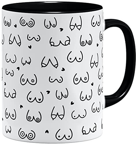 OM3 witzige Kaffeetasse mit Brüsten Titten Tasse Brüste-Muster Keramik Becher 11oz 325ml Rundumdruck Schwarz, M945-MUG-SW