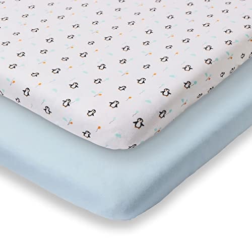 Koru Kids® Pinguin Spannbettlaken 60x120 Baby – 2er Pack – Pinguine + hellblau – Premium Bettlaken – weiches Jersey – 100% Baumwolle – bei 60° waschbar – Made in Belgium