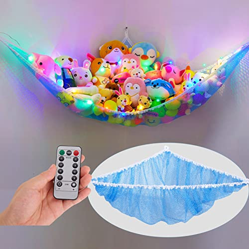 Unicorn Castle Stuffed Animals Hammock Kids Animal Storage with Light Plush Corner Hanging Net for Kids Bedroom Nursery,Blue