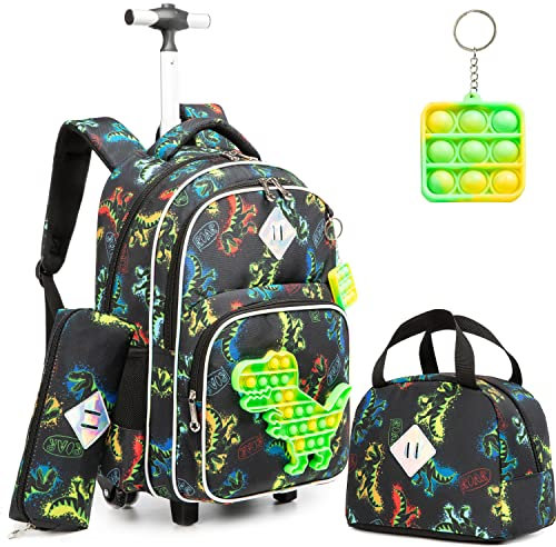 Meetbelify Rolling Rucksack für Jungen mit Lunch Box Set Dinosaurier Rucksack mit Rädern Kinder Reisekoffer Laptop Gepäck für Jungen Alter 6-8