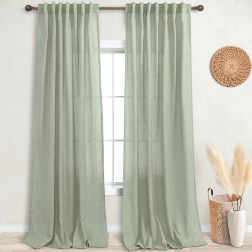 KOUFALL Lange Vorhänge 248 cm für Schlafzimmerfenster, Leinenstoff für Wohnzimmer, passend zu grauen Sofas und braunen Möbeln, Stangentasche, 2 Paneele, Salbeigrün