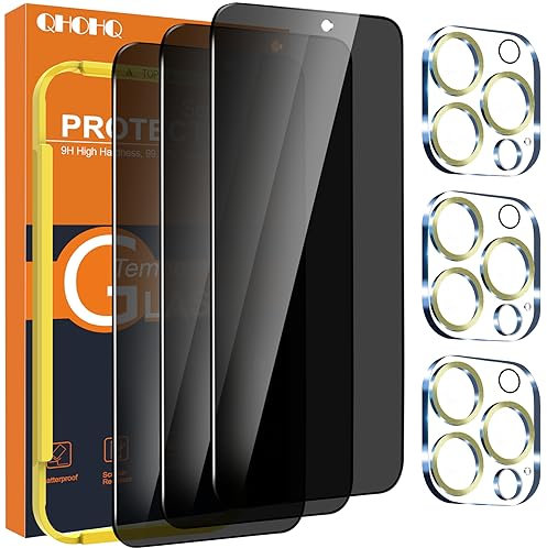 QHOHQ 3 Stück Sichtschutz für iPhone 15 Pro Max 6,7 Zoll mit 3 Stück Kameraschutz, Anti-Spähen Panzer Schutz Glas, HD Blickschutzfolie, 9H Härte, Anti-Kratzer, Bläschenfrei-Gold