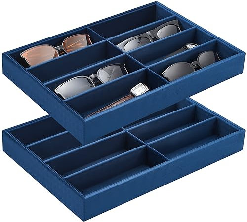 Amylove 2 Pcs Sunglass Organizer Trays Glasses Tray Stackable Jewelry Organizer Trays Sunglass Display Organizer Sunglass Display Box, 8 Grids (Navy Blue,Velvet)