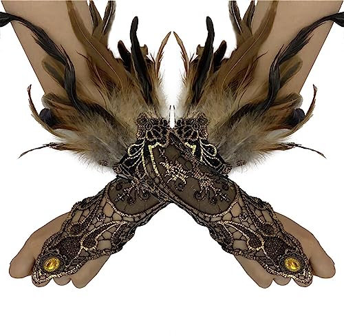 MoreChioce 1 Paar Vintage Federhandschuhe, Damen Feder Spitze Fingerlose Lange Handschuhe Federarmhandschuhe Armkette für Hochzeit Party Halloween,Braun