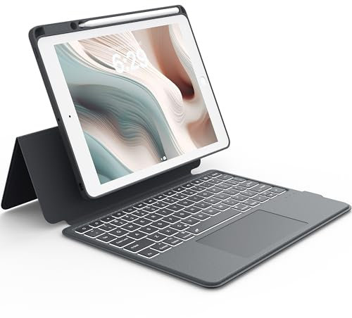 CHESONA Funda resistente con teclado para iPad de 9ª 2022/8ª/7ª generación, funda magnética desmontable, panel táctil premium, soporte ajustable de 15°-180°, teclado retroiluminado vertical/horizontal
