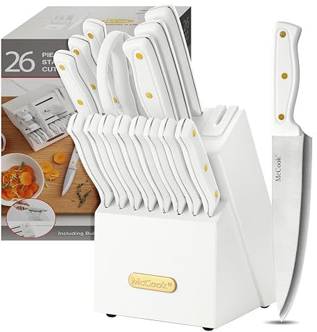 McCook® Ensemble de couteaux de cuisine blancs en acier inoxydable à haute teneur en carbone avec aiguiseur intégré