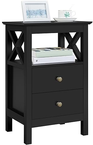 Yaheetech X-Frame Bedside Table with 2 Drawers and Shelf, Black | E1 Spray-Painted MDF, Stable X-Shaped Side Frames, 40 × 30 × 60 cm, Compact Farmhouse Accent for Small Rooms
