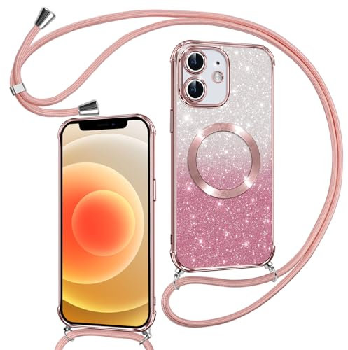 Phoona Handyband Hülle für iPhone 12 mit Band [kompatibel mit MagSafe], Luxuriöse Glitzer Beschichtung Magnetische Handyhülle für iPhone 12 Silikon TPU Stoßfest Schutzhülle, Rosa