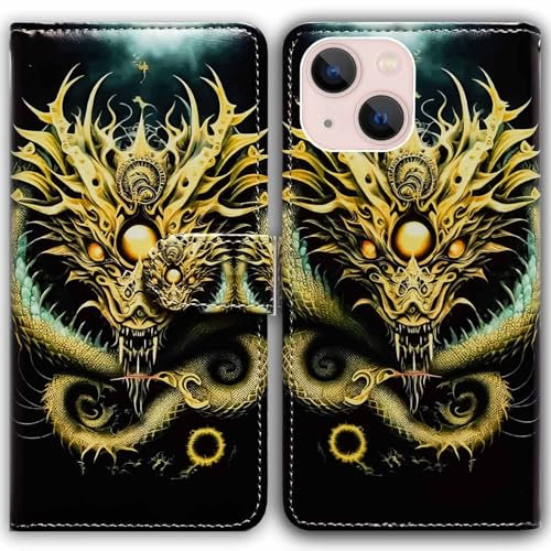 Bcov iPhone 14 Case,Golden Dragon with Ball Leather Flip Phone Case Wallet Cover with Card Slot Holder Kickstand for iPhone 14