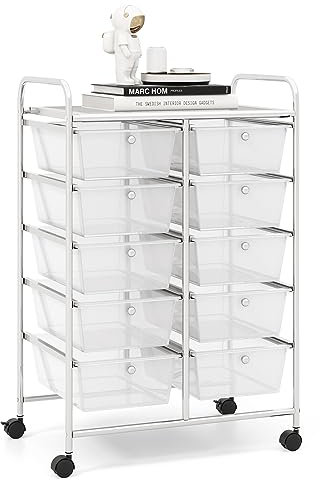 GOPLUS Rollwagen mit 10 Schubladen stapelbar, Rollcontainer mit Ablage & Metallgestell, Badregal, Aufbewahrungswagen, für Büro, Zuhause (Transparent)