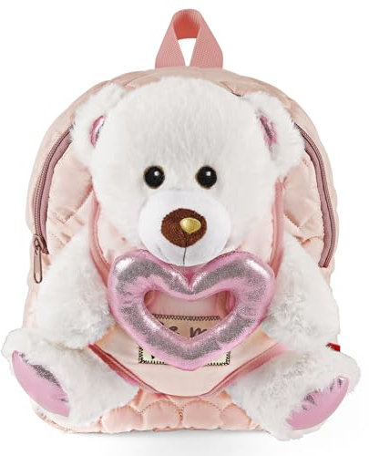 PERLETTI Teddybär Rucksack für Kinder mit Plüschtier Bär und Rosa Herz - Kuscheltier Pluschspielzeug Weich Flauschig und Kindergarten Schultasche - 3 4 5 6 Jahren Baby Kindertasche (Rucksack)