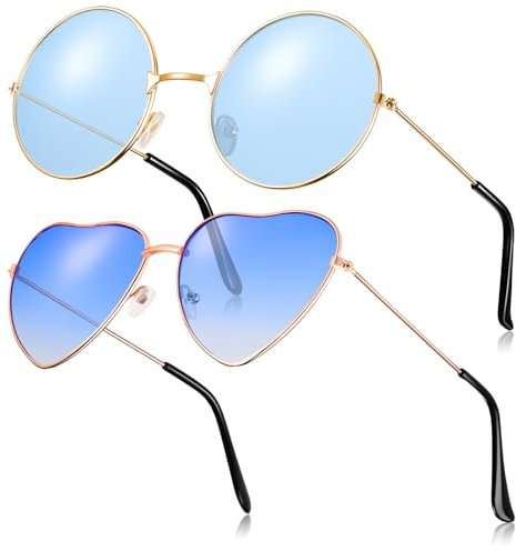 Fiada 2 Paar Hippie Sonnenbrillen Retro Damen Hippie Brillen Hippie Kostüm Sonnenbrille für Herren Damen Party Festival (Blau)