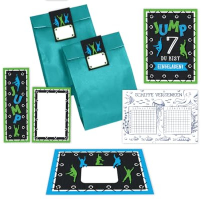 12 Einladungskarten zum 7. Kindergeburtstag Junge Mädchen Jump Trampolin siebte Geburtstag incl. 12 Umschläge, 12 Tüten/petrol, 12 Aufkleber, 12 Lesezeichen, 12 Blöcke, 12 Schiffe versenken